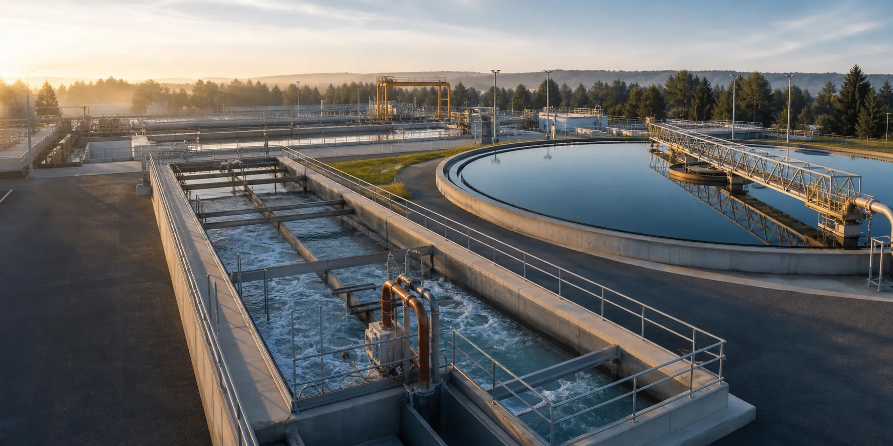 Water treatment clarification basins with rapid mixing and sedimentation equipment
