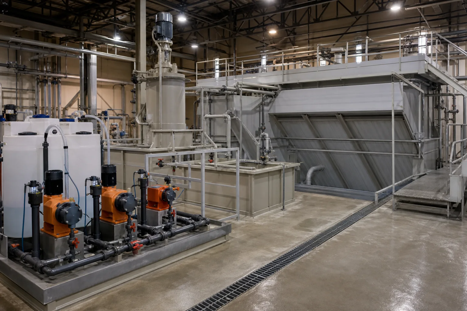 PAC dosing pumps flocculation tank and lamella clarifier in an industrial wastewater plant