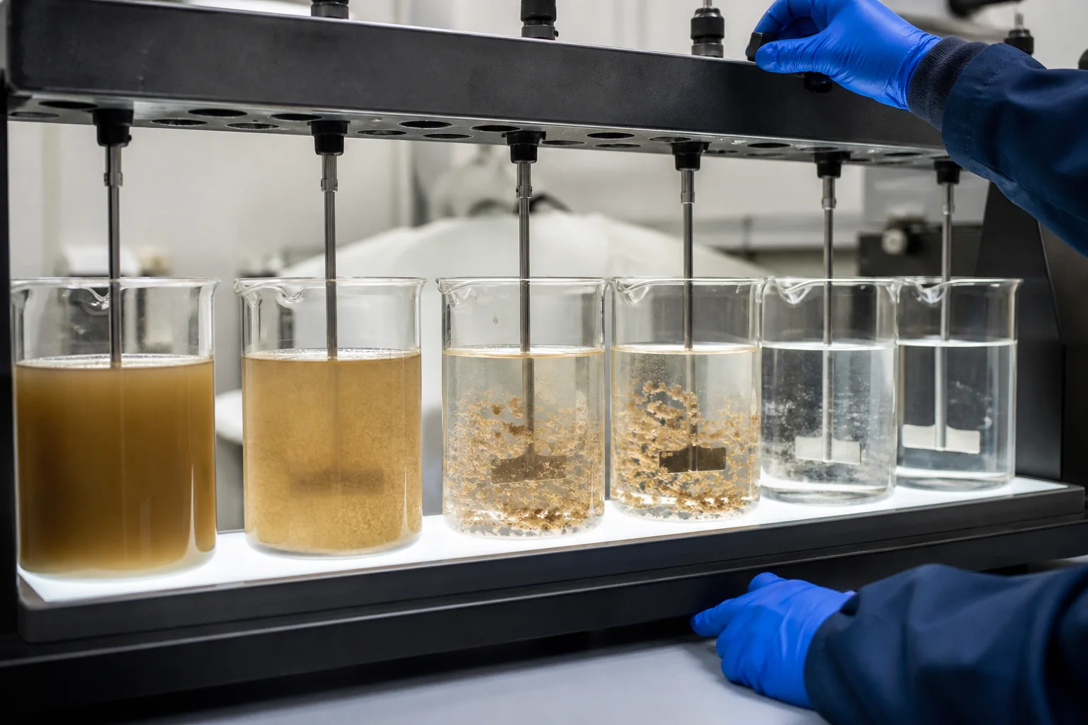 Six-place jar test showing turbidity reduction and visible floc development