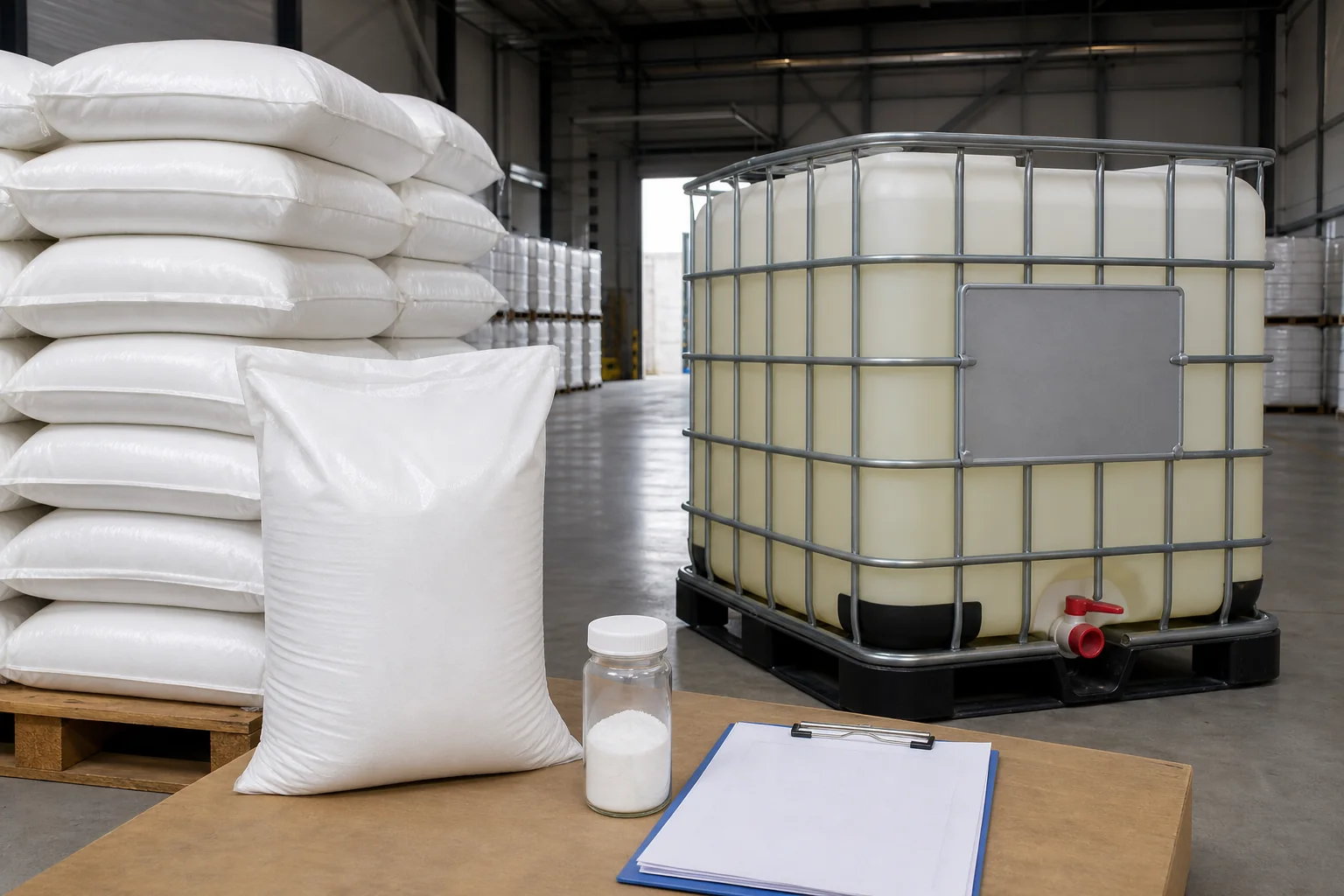 Powder bags liquid PAC tote and quality-control sample in a chemical warehouse